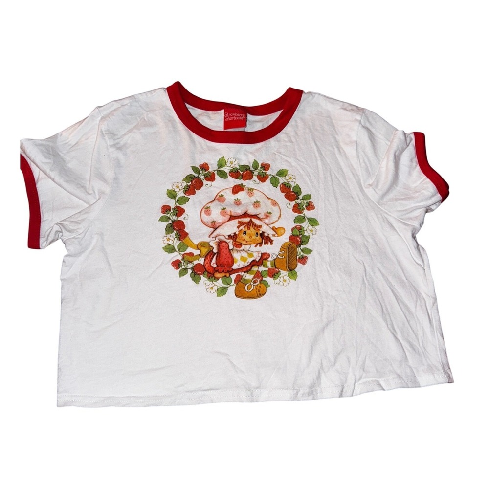 Strawberry Shortcake Cropped Tee Shirt‎ White Red Medium Cartoons Retro Doll Y2K